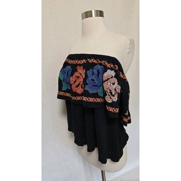 Free People Cross Stitch Embroidered Top Size XS Black Off Shoulder - Picture 8 of 9